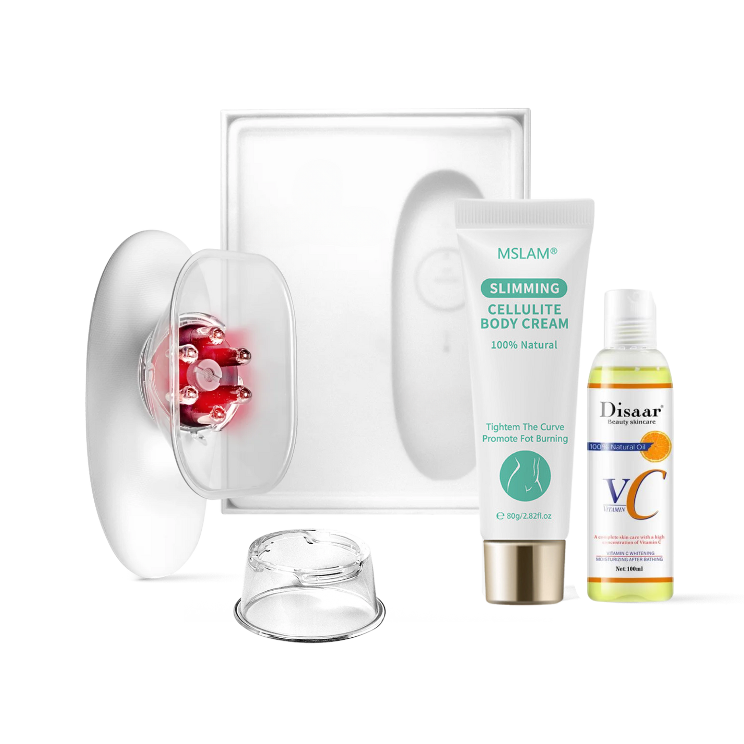 The MiaBody Care Set displayed with a beauty device featuring a red treatment head, a tube of MSLAM Slimming Cellulite Body Cream, and a bottle of Disaar Vitamin C oil. The items are arranged neatly, showcasing the essential products for effective body care and skincare routines.