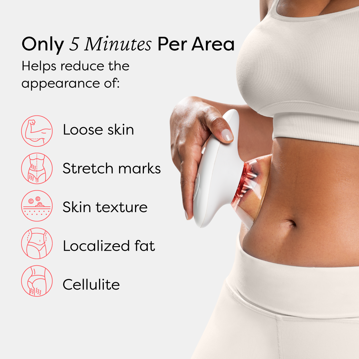 A close-up of a woman using the MiaBody device on her abdomen, with text highlighting that it takes only 5 minutes per area. The accompanying list outlines the benefits, including reducing the appearance of loose skin, stretch marks, skin texture issues, localized fat, and cellulite. The design features icons next to each benefit for visual clarity.